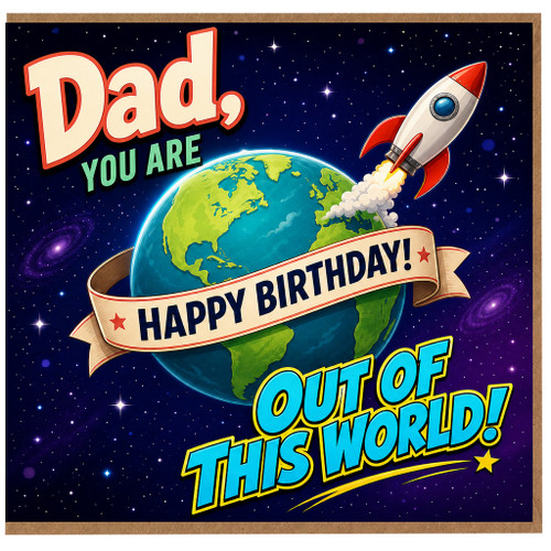 Dad Birthday Card, Out of This World Happy Birthday Space Rocket Design