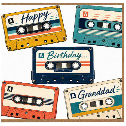 Granddad Birthday Card, Retro Cassette Tape Design