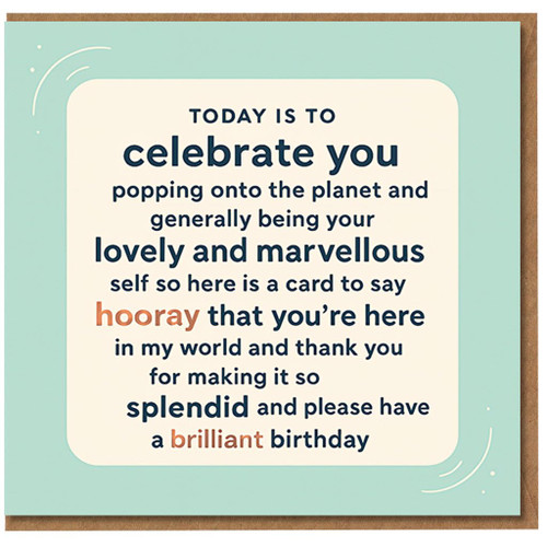 Celebrate You Birthday Card - 'Hooray That You’re Here' Lovely and Marvellous Message, Modern Pastel Typographic Design