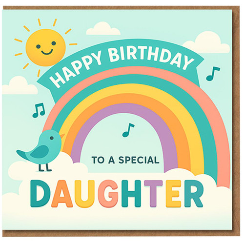 Happy Birthday to a Special Daughter Card - Cute Rainbow, Sun, Clouds and Bird Design with Musical Notes