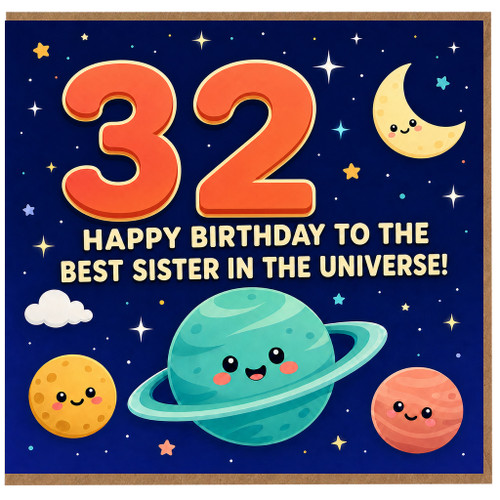 32nd Birthday Card for Sister, Happy Birthday to the Best Sister in the Universe Space Card