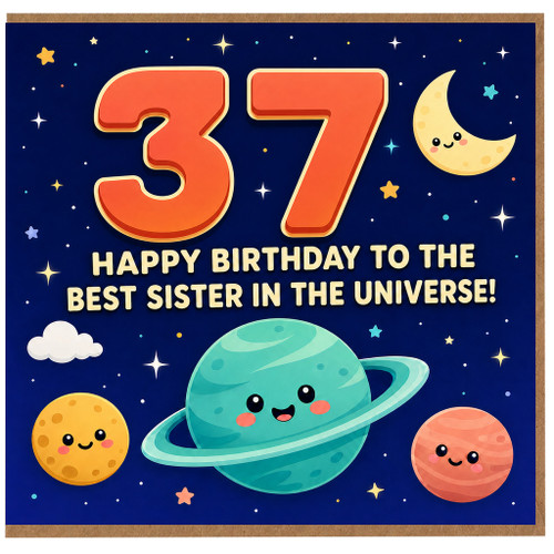 37th Birthday Card for Sister, Cute Space Themed Happy Birthday Card