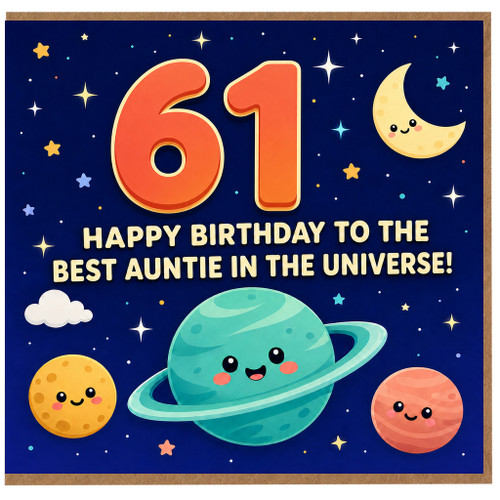 Auntie 61st Birthday Card, Happy Birthday to the Best Auntie in the Universe Space Theme Card