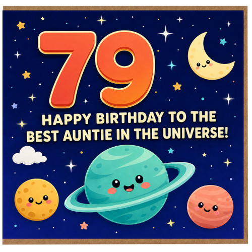 79th Birthday Card for Auntie, Cute Space Theme Happy Birthday Card