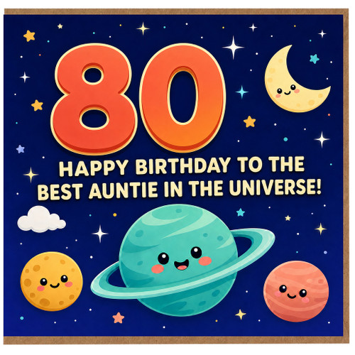 80th Birthday Card for Auntie, Happy Birthday to the Best Auntie in the Universe Space - Themed Card