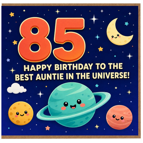 85th Birthday Card for Auntie with large 85 in bold red-orange numbers, a smiling moon and planets