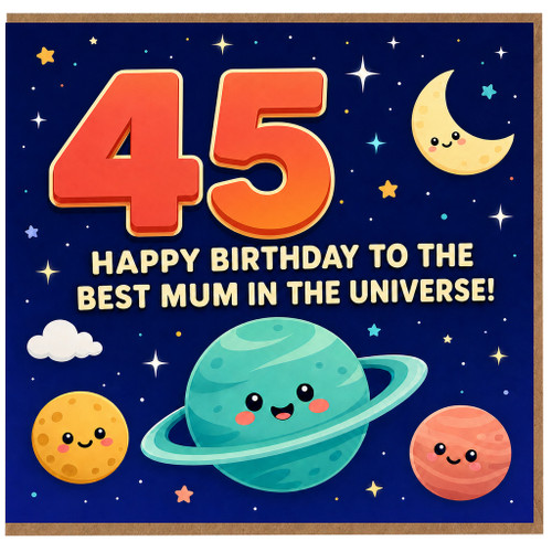 45th Birthday Card for Mum, Happy Birthday to the Best Mum in the Universe Space Theme Card