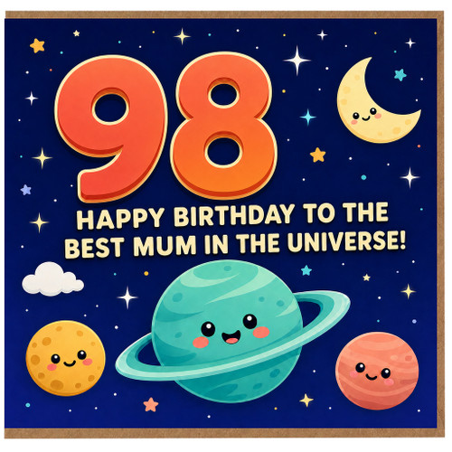 98th Birthday Card for Mum, Happy Birthday to the Best Mum in the Universe Space Theme