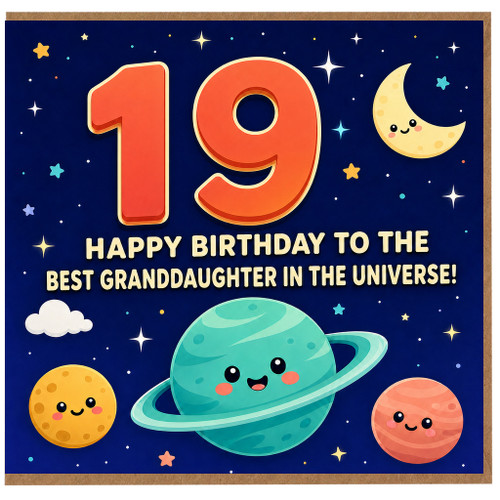 19th Birthday Card for Granddaughter, Cute Space Birthday Card, Happy Birthday to the Best Granddaughter in the Universe