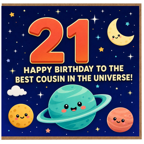21st Birthday Cousin Card, Happy Birthday to the Best Cousin in the Universe Space Themed Greeting Card