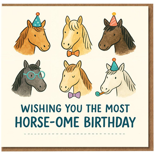 Funny Horse Birthday Card - Wishing You the Most HORSE-OME Birthday, Cute Party Horses Illustration, Pun Card for Horse Lover, Equestrian Friend, Kids or Adults