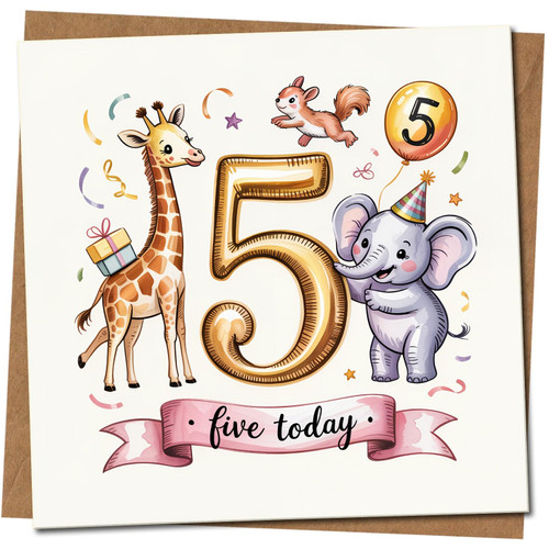 5th Birthday Card Kids - Cute Animals Giraffe Elephant Balloon, Five Today - For Boy or Girl - 145mm x 145mm Square - Child Age 5 -, Includes Kraft Envelope