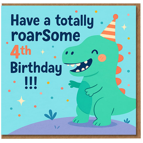 Roarsome Dinosaur 4th Birthday Card for Kids - Cute Green T-Rex with Party Hat and Confetti - Fun Pun for a Four Year Old