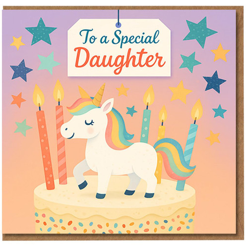 To a Special Daughter Unicorn Birthday Card - Cute Rainbow Unicorn on Cake with Candles and Stars