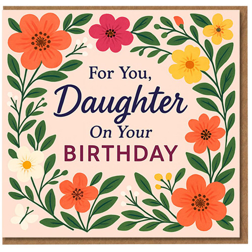 Daughter Birthday Card - For You, Daughter On Your Birthday - Floral Wreath, Colourful Flowers, Heartfelt Greeting