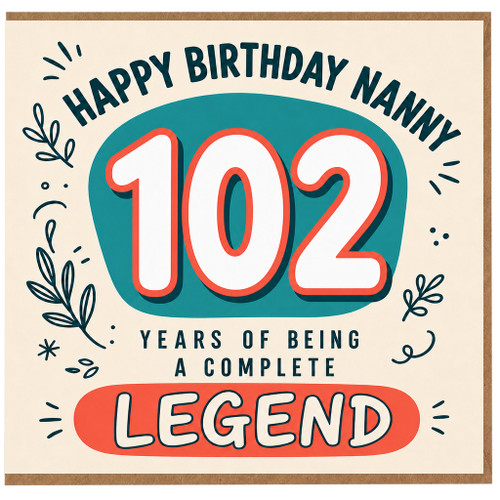 Nanny 102nd Birthday Card, Happy Birthday Nanny, Years of Being a Complete Legend Card