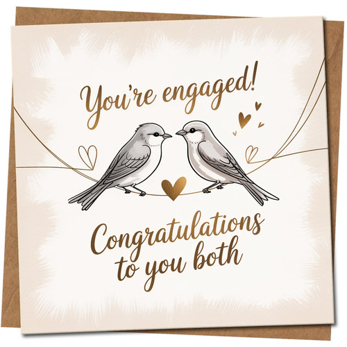 Engagement Card for Couple - You're Engaged, Congratulations to You Both - Cute Birds Design - 145mm x 145mm -, Includes Kraft Envelope
