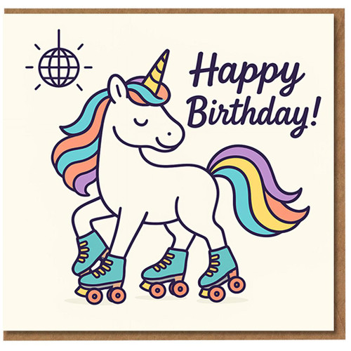 Happy Birthday Roller-Skating Unicorn Card - Cute Rainbow Mane, Disco Ball Illustration - Fun Kids Birthday Greeting