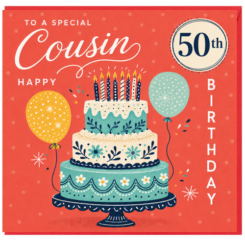 Cousin 50th Birthday Card, Happy Birthday Cake and Balloons Design