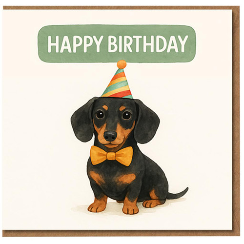 Cute Dachshund Birthday Card - Happy Birthday Sausage Dog with Party Hat & Bow Tie - Adorable Card for Dog Lovers, Friends & Family