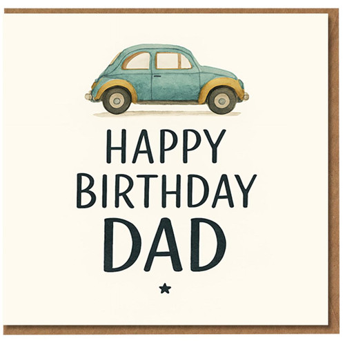 Happy Birthday Dad Card - Retro Blue Car Illustration - Cute Dad Birthday Card for Father, Car Lover