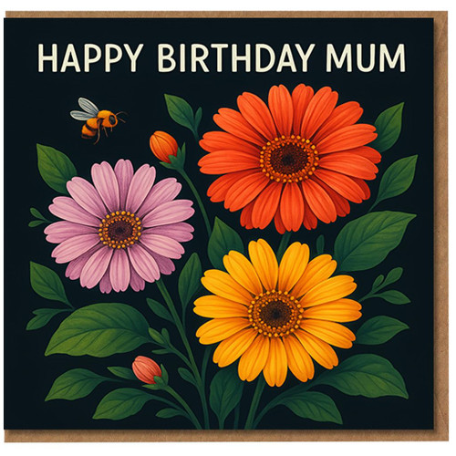 Mum Birthday Card - Happy Birthday Mum Floral Design with Colourful Daisies and Bumblebee
