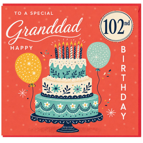 102nd Birthday Card for Grandad, Happy Birthday Granddad Cake and Balloons Card