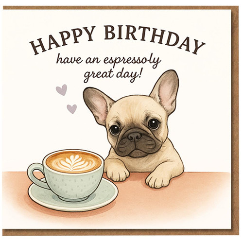 Funny Birthday Card - French Bulldog with Latte, 'Have an Espressoly Great Day!' Cute Dog and Coffee Pun for Friends, Him or Her