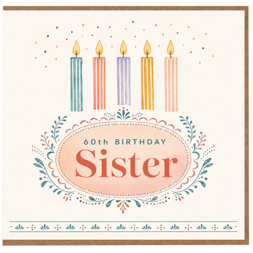 60th Birthday Sister Card, Floral Candle Birthday Card