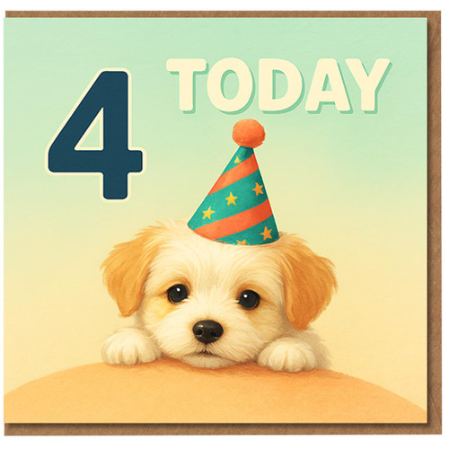 4 Today Birthday Card - Cute Puppy in Party Hat - Kids Age 4 Card