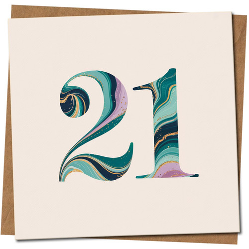 21st Birthday Card - Marble Swirl Number Design - Square 145mm x 145mm - Elegant Adult Birthday Card, Includes Kraft Envelope
