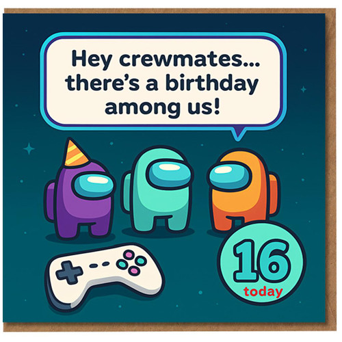 Gaming Crewmates 16th Birthday Card - Funny Space Characters with Controller and Speech Bubble - Teen Gamer Birthday Card for Boys or Girls