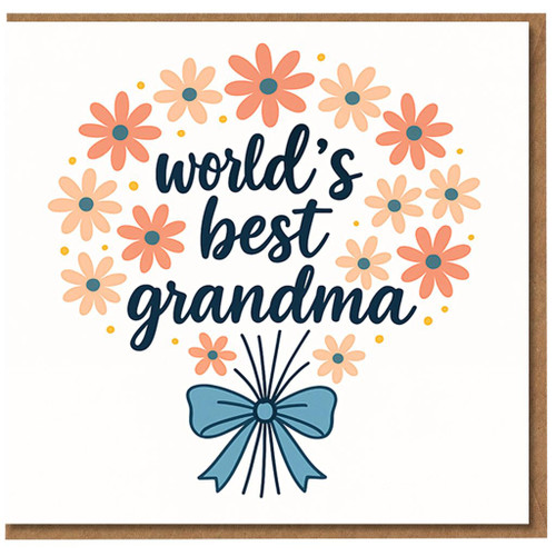 World's Best Grandma Birthday Card - Floral Bouquet Wreath with Blue Bow, Cute Card for Nan from Grandchildren