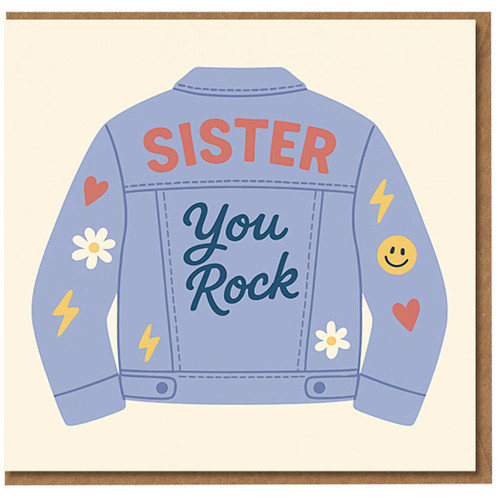 Sister You Rock Birthday Card - Cool Denim Jacket Design with Hearts, Daisies and Lightning Bolts - For Sister