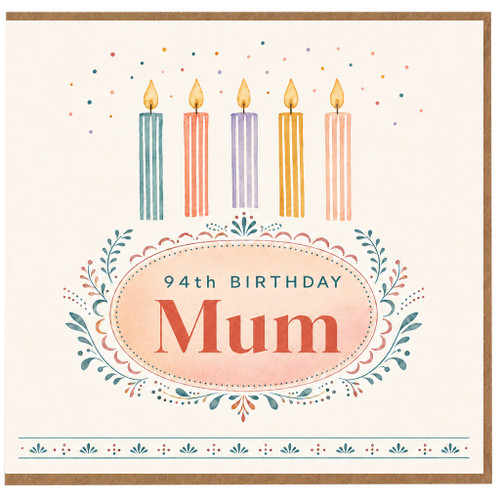 94th Birthday Card for Mum, Floral Candle Design Birthday Card