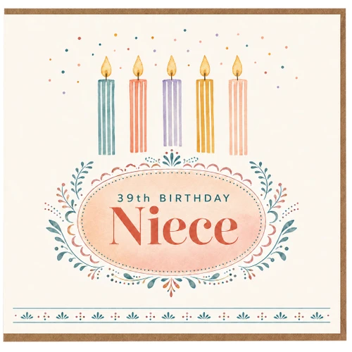 39th Birthday Card for Niece, Pastel Candle Floral Design