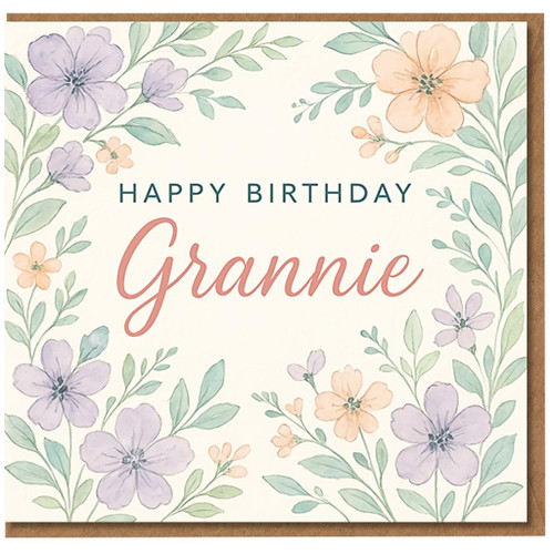 Happy Birthday Grannie Card - Watercolour Floral Design - Pastel Flowers, Elegant Birthday Card for Grannie, Granny, Gran, Grandma