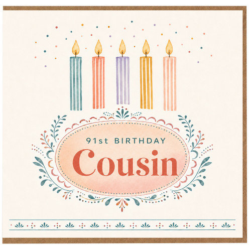 91st Birthday Cousin Card, Floral Vintage Candle Design