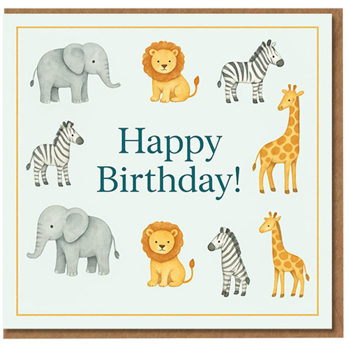 Safari Animals Birthday Card - Cute Elephants, Lions, Zebras & Giraffes with Happy Birthday Message