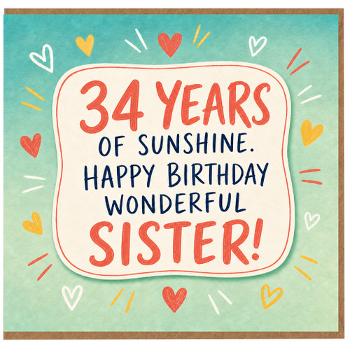 34th Birthday Card for Sister, 34 Years of Sunshine Happy Birthday Wonderful Sister Card
