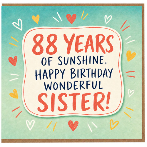 88th Birthday Card for Sister, Happy Birthday Wonderful Sister Card, 88 Years of Sunshine