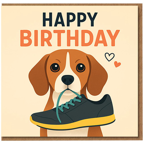 Happy Birthday Dog Card - Cute Beagle Holding a Trainer, Playful Puppy Design for Dog Lovers, Fun Birthday Card for Friends, Family, Him or Her