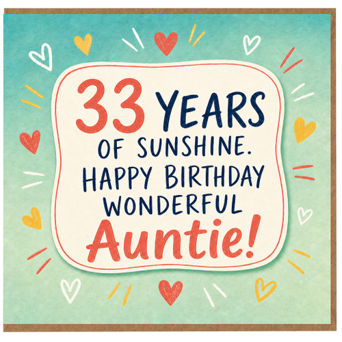 33rd Birthday Card for Auntie, 33 Years of Sunshine Happy Birthday Wonderful Auntie Card
