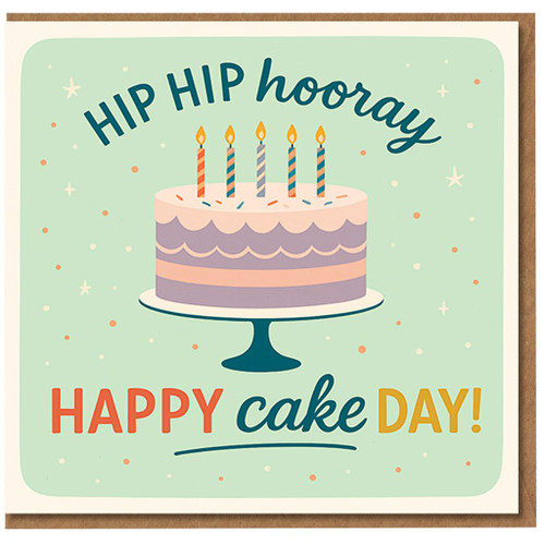 Hip Hip Hooray Happy Cake Day Birthday Card - Cute Pastel Cake with Five Candles and Confetti Stars