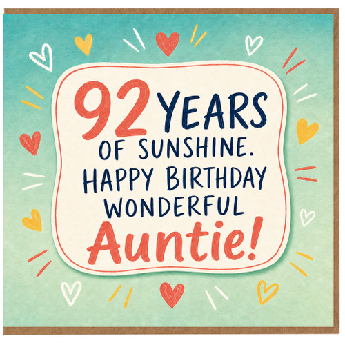 92nd Birthday Auntie Card, 92 Years of Sunshine Happy Birthday Wonderful Auntie Card