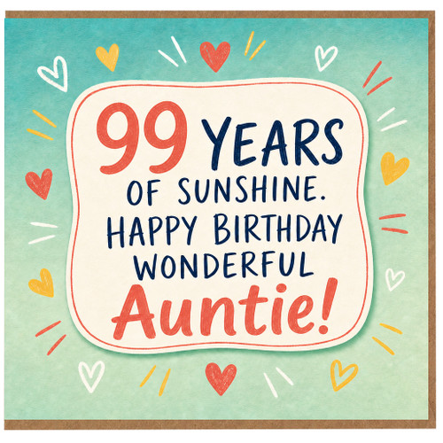 99th Birthday Card for Auntie, 99 Years of Sunshine Happy Birthday Auntie Card