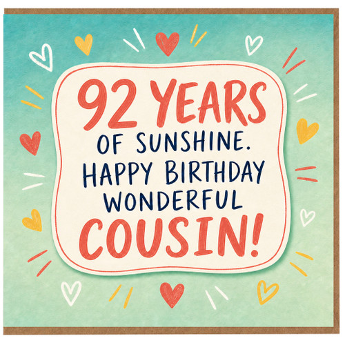 92nd Birthday Cousin Card, 92 Years of Sunshine Happy Birthday Wonderful Cousin Card