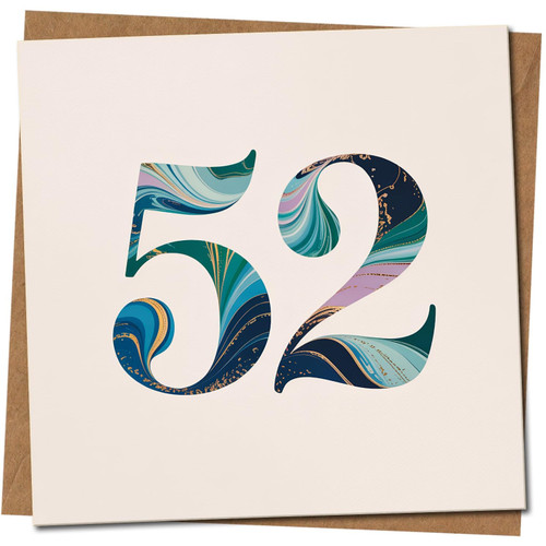 52nd Birthday Card, Marbled Number Design, Age 52 Milestone, Square 145mm x 145mm, Kraft, Includes Kraft Envelope