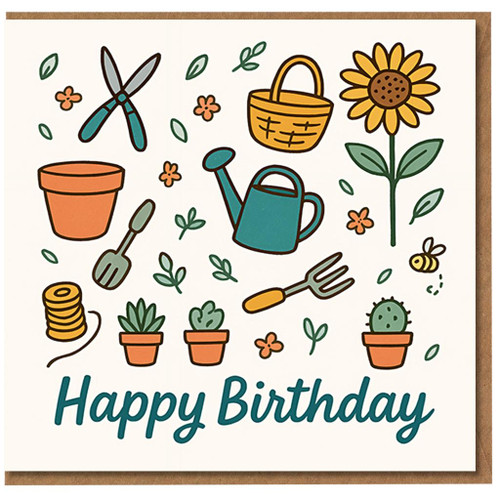 Gardening Birthday Card - Happy Birthday with Watering Can, Sunflower and Garden Tools - Cute Card for Gardeners and Plant Lovers