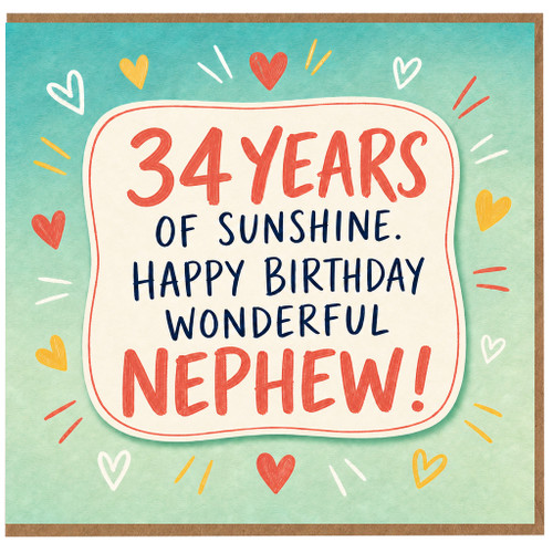 34th Birthday Card for Nephew, 34 Years of Sunshine Happy Birthday Card